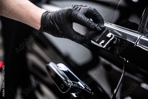 Obraz na płótnie Mechanic wearing black gloves applying a ceramic coating to a car door handle in a detailing studio, ensuring a high-gloss protective finish. w salonie