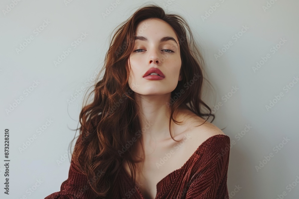 Artistic portrait of a woman with red hair, looking away with a serene expression, against a plain background Artistic portrait of a woman with red hair, looking away with a serene expression, against a plain background