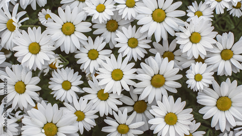 A close up of a bunch of white daisies with a single yellow flower in the middle A close up of a bunch of white daisies with a single yellow flower in the middle