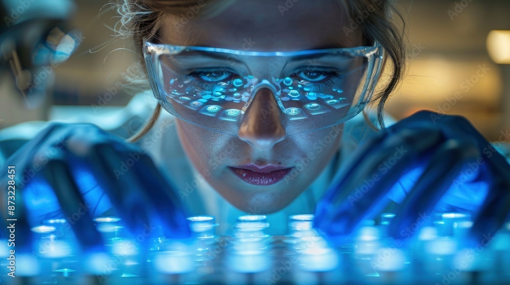 Close-up of a biotech engineer inspecting microfluidic chips for biomedical applications Close-up of a biotech engineer inspecting microfluidic chips for biomedical applications