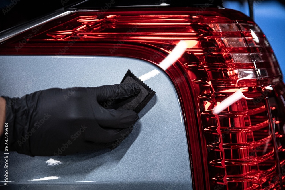 Mechanic wearing black gloves applying a ceramic coating to a car surface in a detailing studio, ensuring a protective and glossy finish. Close-up view of hands working on a car's rear light area