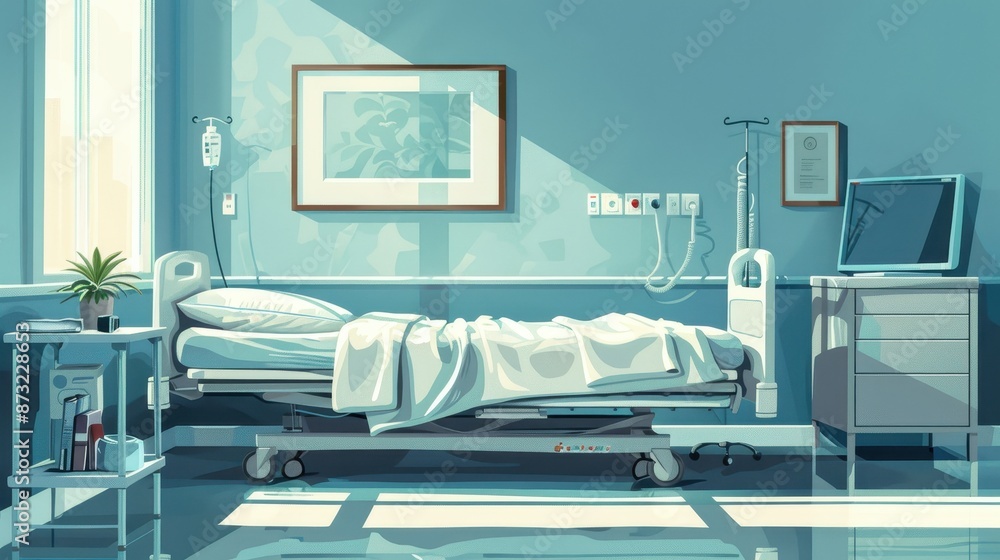 In a bright, modern hospital room, a large window, medical equipment, and comfortable furnishings ensure patient care and relaxation.
In a bright, modern hospital room, a large window, medical equipment, and comfortable furnishings ensure patient care and relaxation.