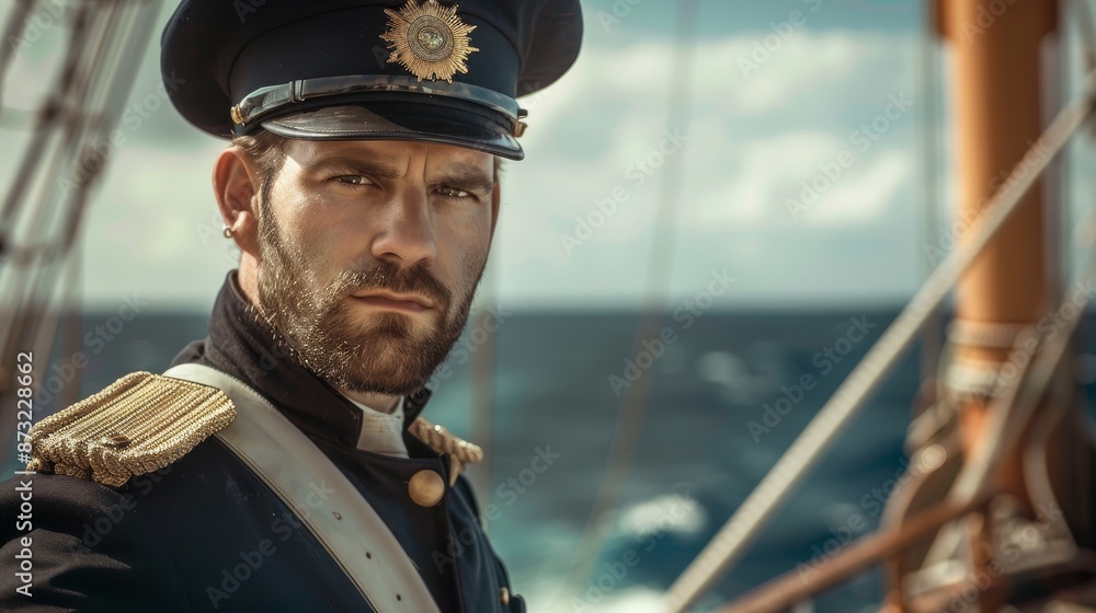 A commanding naval officer in a dark uniform stands on the deck of a ship, gazing intently into the distance, with a deep blue ocean backdrop. A commanding naval officer in a dark uniform stands on the deck of a ship, gazing intently into the distance, with a deep blue ocean backdrop.