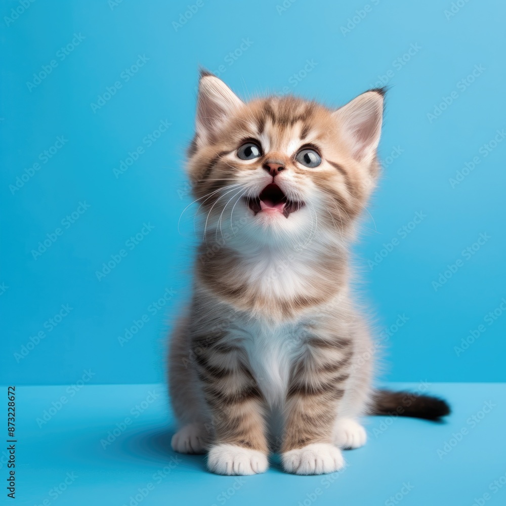 A cute kitten with big eyes and a surprised expression on its face is sitting on a blue background. A cute kitten with big eyes and a surprised expression on its face is sitting on a blue background.