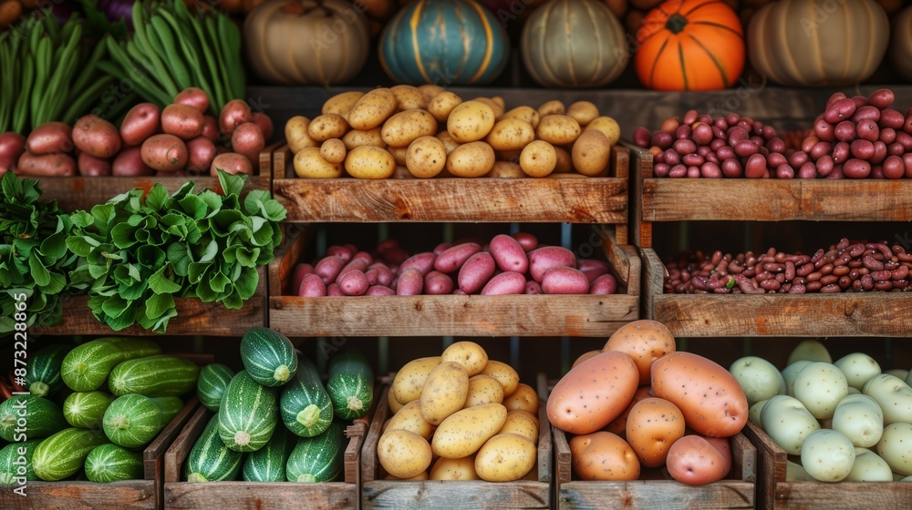 A market stall with an array of fresh, colorful vegetables including potatoes, beans, and squash, photorealistic with rich textures and lively atmosphere A market stall with an array of fresh, colorful vegetables including potatoes, beans, and squash, photorealistic with rich textures and lively atmosphere