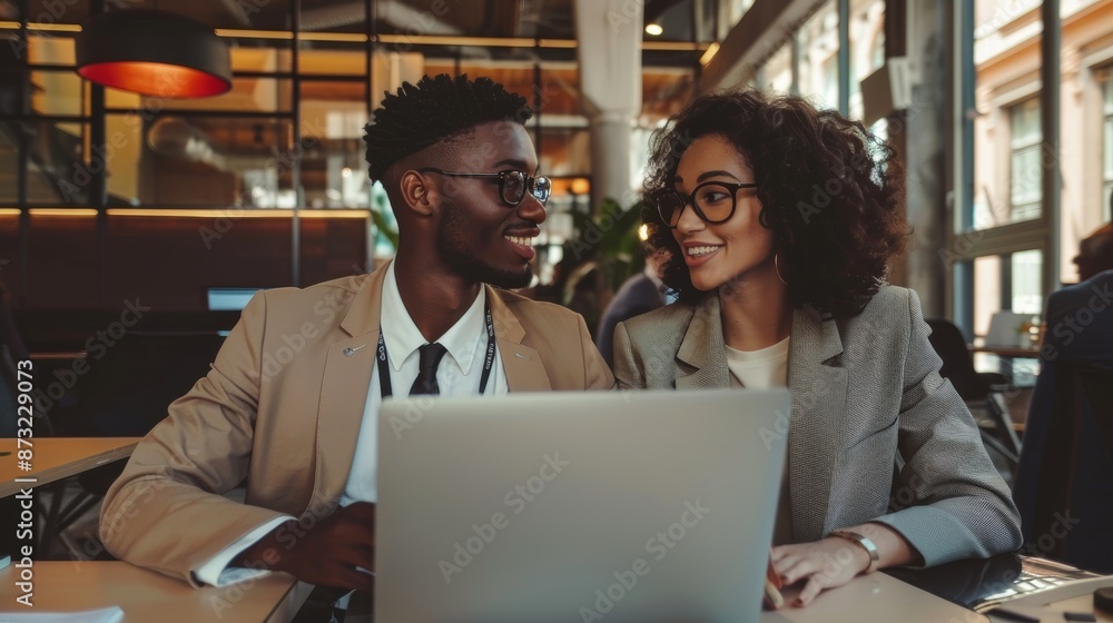 Businessman and female coworker enjoying conversation over laptop in contemporary office Businessman and female coworker enjoying conversation over laptop in contemporary office