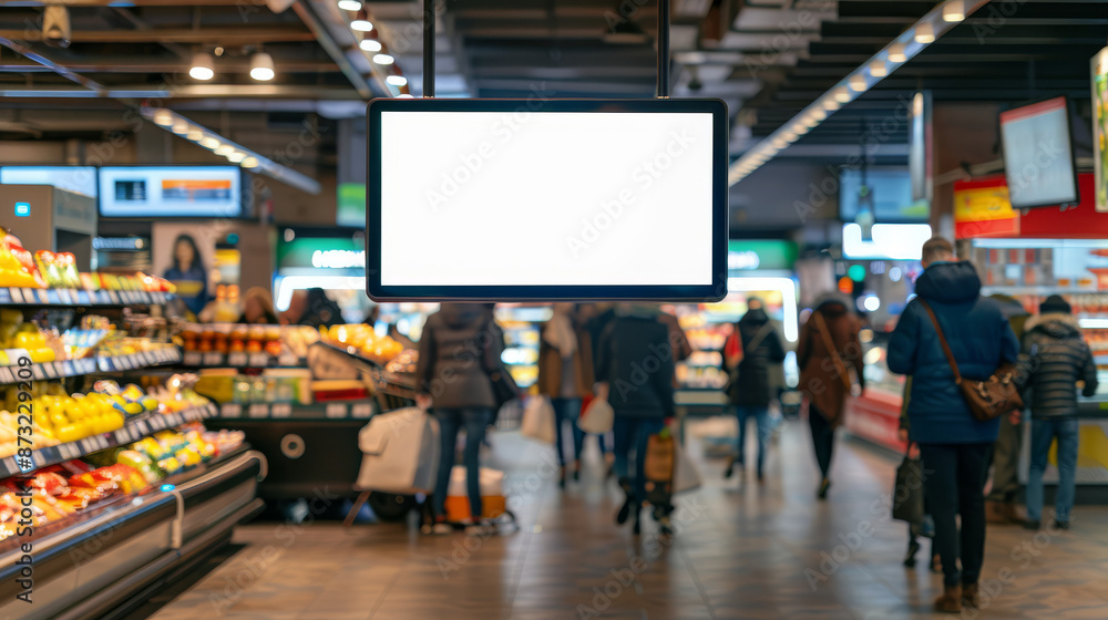 Blurred view of shoppers in a supermarket aisle with a blank digital signage overhead, surrounded by various products and vibrant lighting. Blurred view of shoppers in a supermarket aisle with a blank digital signage overhead, surrounded by various products and vibrant lighting.