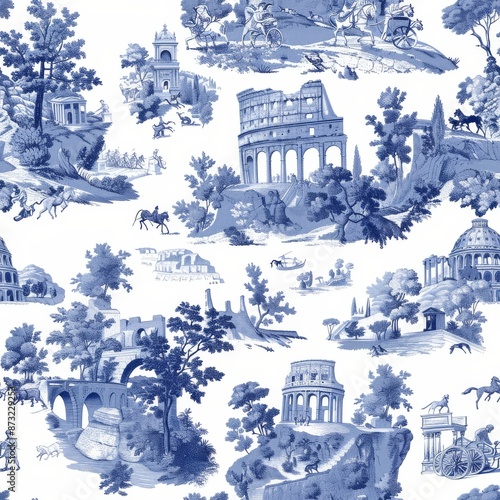 Blue and white toile de Jouy pattern featuring historical architectural scenes and lush landscapes.