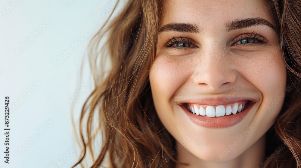 Close-up of a cheerful woman with curly hair smiling, showcasing her perfect white teeth against a plain background. Close-up of a cheerful woman with curly hair smiling, showcasing her perfect white teeth against a plain background.