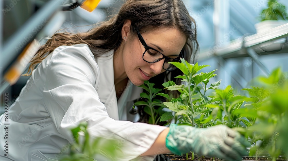 Obraz premium Biotechnologist studying the impact of climate change on plant genetics in a controlled environment