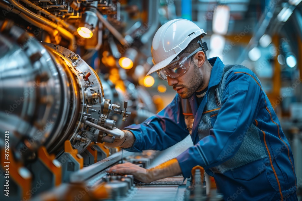 Engineer working on industrial machinery in factory, wearing safety gear. Engineering, technology, and industrial work concept. Horizontal. Engineer working on industrial machinery in factory, wearing safety gear. Engineering, technology, and industrial work concept. Horizontal.