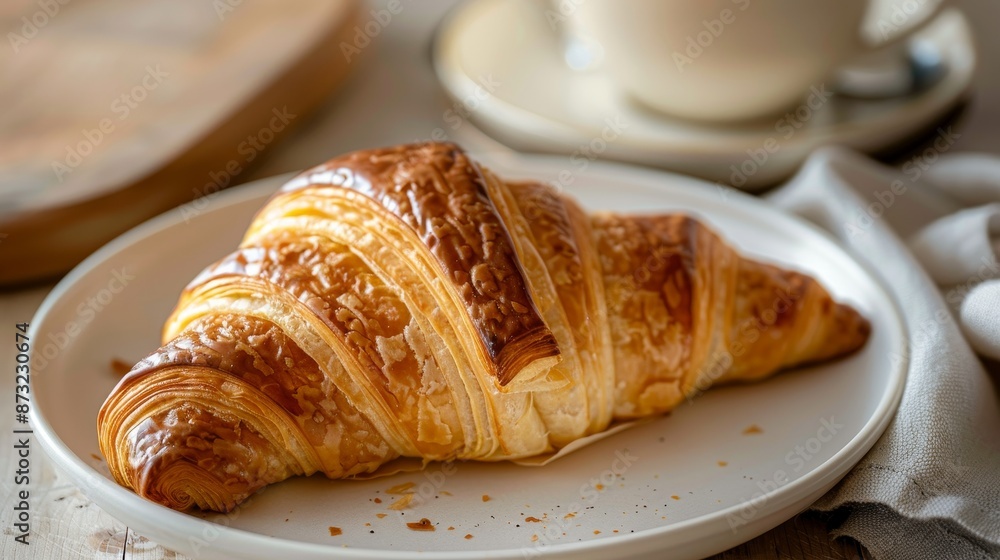 Freshly baked croissant on a white plate with a cup of coffee in the background, perfect for breakfast or a morning snack. Freshly baked croissant on a white plate with a cup of coffee in the background, perfect for breakfast or a morning snack.