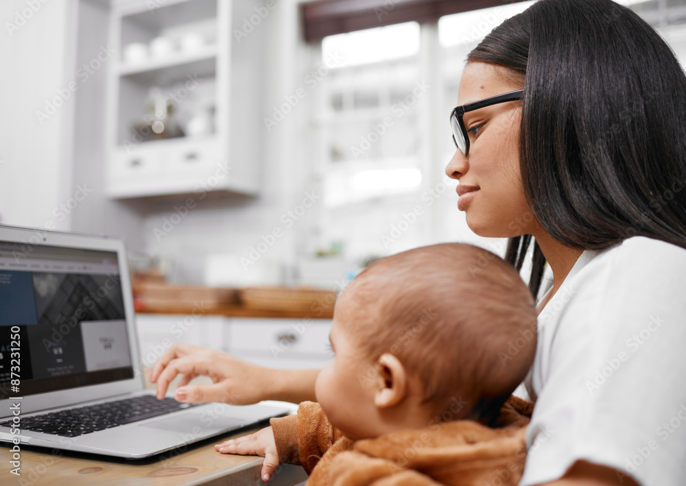 Laptop, typing and baby with mom, remote work and child care in freelance career in home office. Virtual, woman and busy mother multitasking with infant, distraction and online job in family house Laptop, typing and baby with mom, remote work and child care in freelance career in home office. Virtual, woman and busy mother multitasking with infant, distraction and online job in family house