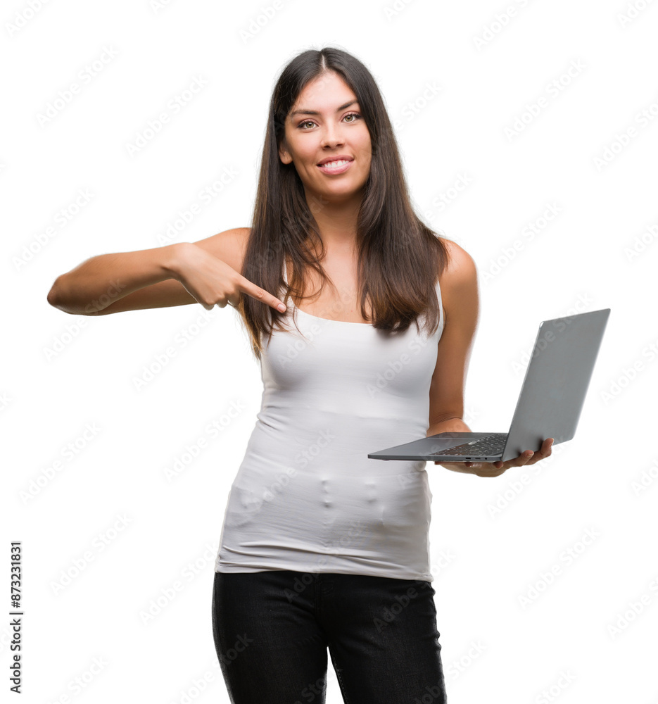 Young hispanic woman using computer laptop with surprise face pointing finger to himself Young hispanic woman using computer laptop with surprise face pointing finger to himself
