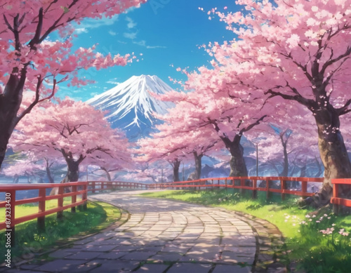 Cherry Blossom Trees in Full Bloom landscape anime style