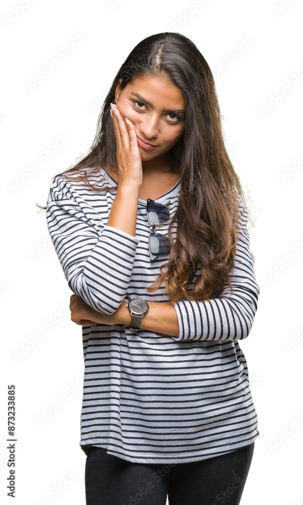 Young beautiful arab woman wearing sunglasses over isolated background thinking looking tired and bored with depression problems with crossed arms. Young beautiful arab woman wearing sunglasses over isolated background thinking looking tired and bored with depression problems with crossed arms.