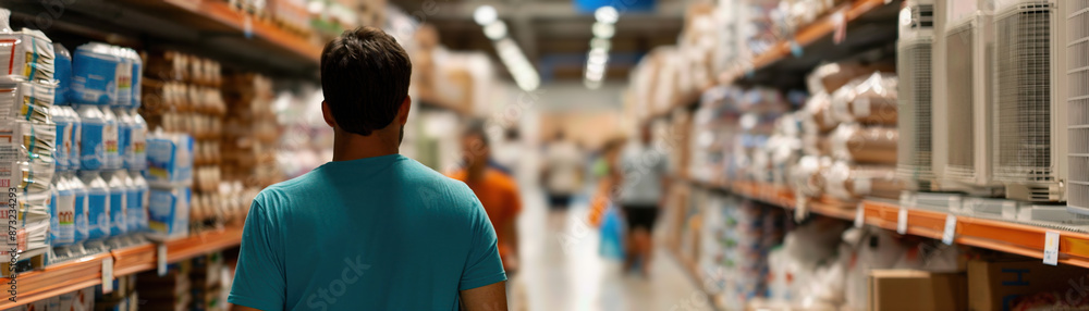 Man shopping in a supermarket aisle. Man shopping in a supermarket aisle.