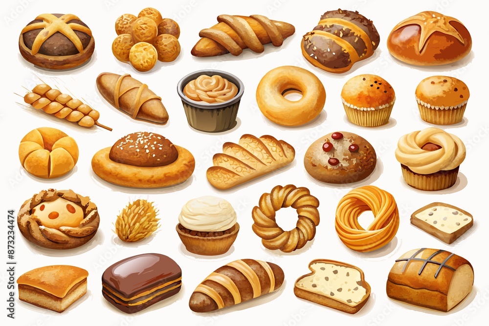 a set of freshly baked and cooked baked goods on a white background a set of freshly baked and cooked baked goods on a white background