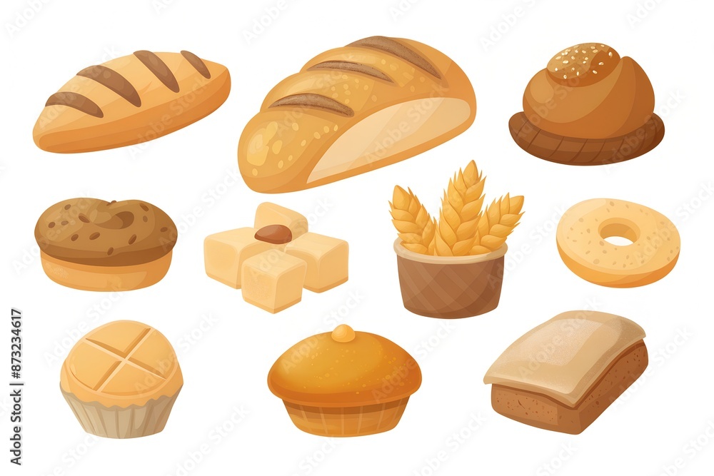 a set of freshly baked and cooked baked goods on a white background a set of freshly baked and cooked baked goods on a white background