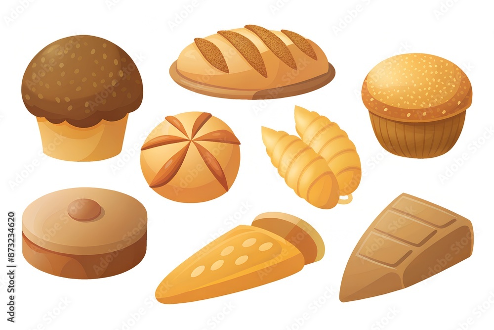 a set of freshly baked and cooked baked goods on a white background a set of freshly baked and cooked baked goods on a white background