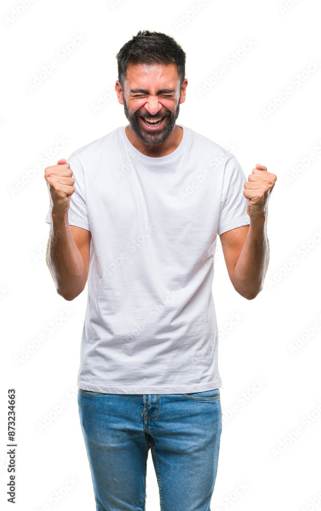 Adult hispanic man over isolated background excited for success with arms raised celebrating victory smiling. Winner concept. Adult hispanic man over isolated background excited for success with arms raised celebrating victory smiling. Winner concept.