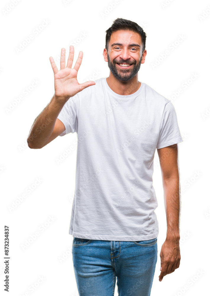 Adult hispanic man over isolated background showing and pointing up with fingers number five while smiling confident and happy. Adult hispanic man over isolated background showing and pointing up with fingers number five while smiling confident and happy.