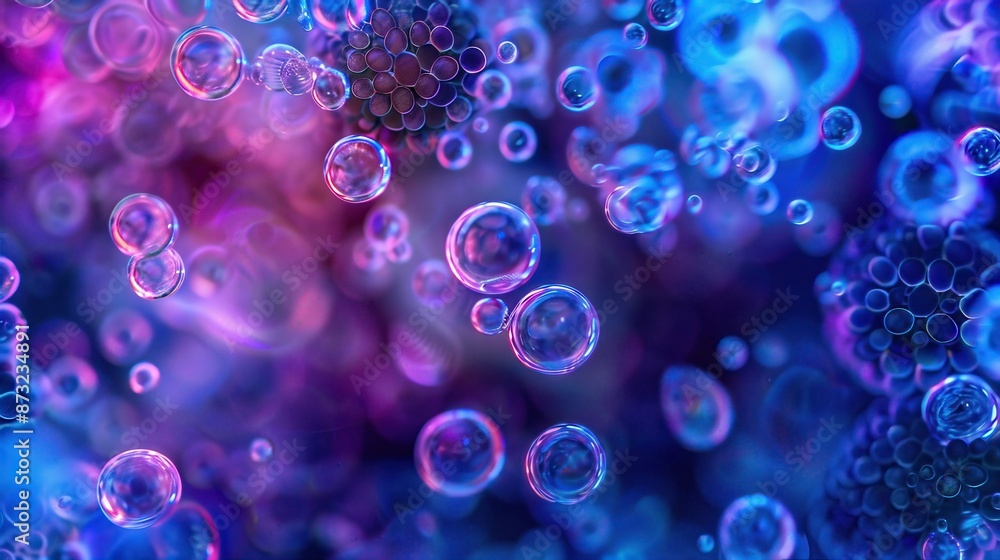 Vibrant microscopic bubbles in a colorful abstract background, creating a mesmerizing and dynamic visual effect. Vibrant microscopic bubbles in a colorful abstract background, creating a mesmerizing and dynamic visual effect.