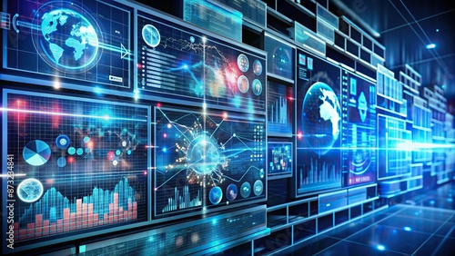 Futuristic virtual screen displays streaming data flow, representing business analytics, artificial intelligence, and machine learning concepts, showcasing data science innovation.