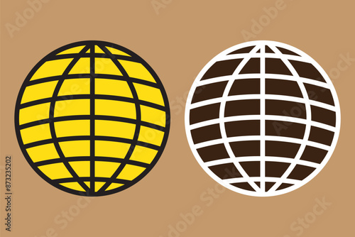 World globe grids in circle form. Linear striped spheres, earth latitude and longitude line grid. Retro futuristic design elements. Vector illustration