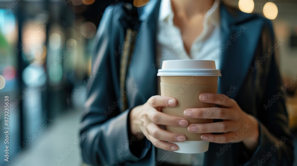 Close up of businesswoman with takeaway coffee in office Close up of businesswoman with takeaway coffee in office