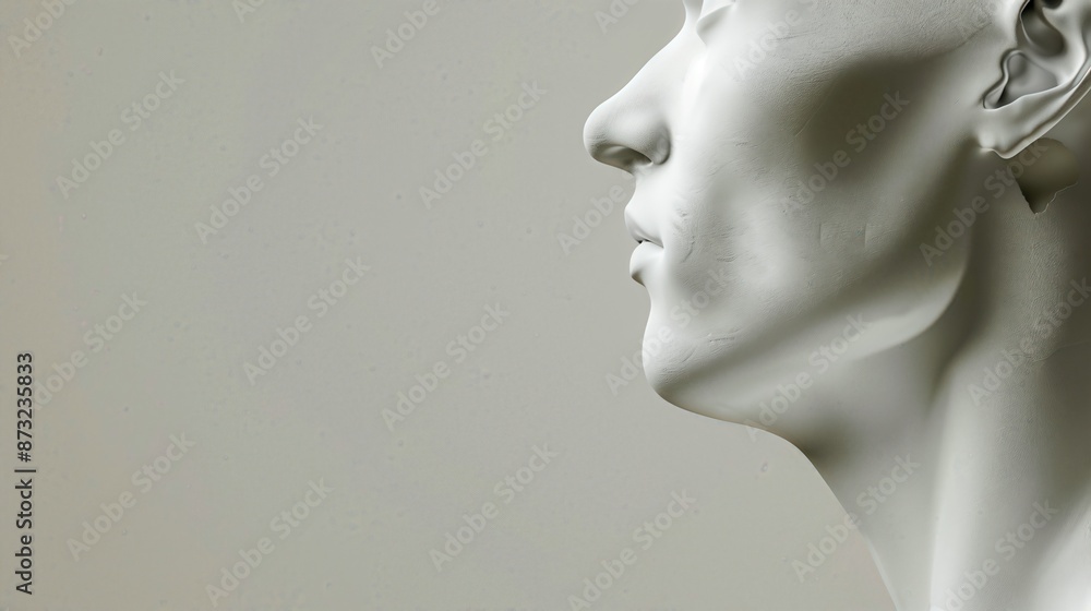 Side profile of a white plaster sculpture of a human head on a neutral background, highlighting facial features and artistic details. Side profile of a white plaster sculpture of a human head on a neutral background, highlighting facial features and artistic details.