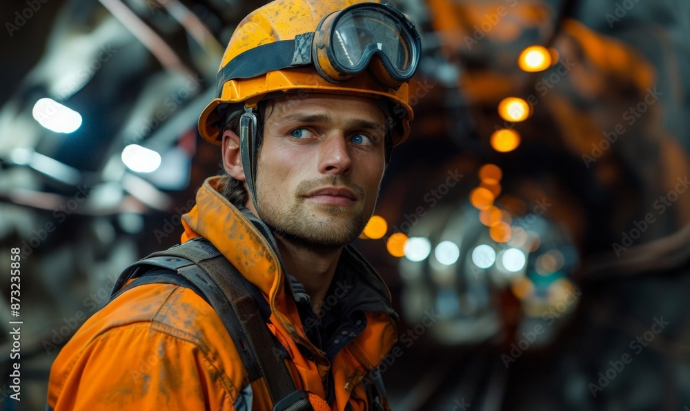 A male miner in protective overalls and a helmet on the background of an underground tunnel. A man miner in a mine at her workplace. Labor day. A male miner in protective overalls and a helmet on the background of an underground tunnel. A man miner in a mine at her workplace. Labor day.