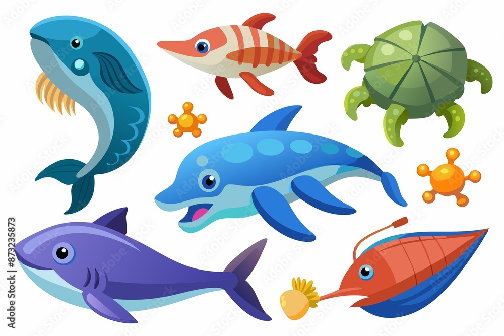 a set of several species of marine life in the sea in a difference on a white background a set of several species of marine life in the sea in a difference on a white background