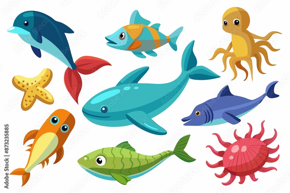 a set of several species of marine life in the sea in a difference on a white background a set of several species of marine life in the sea in a difference on a white background