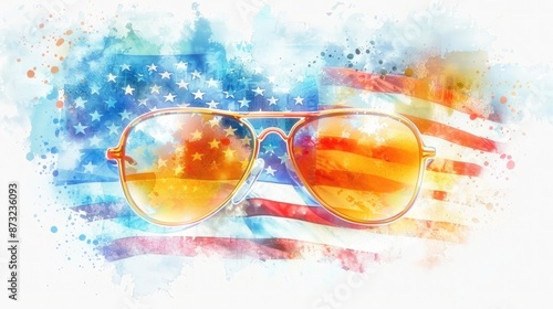 Orange Sunglasses with US Flag, Watercolor Clipart created withphotography 