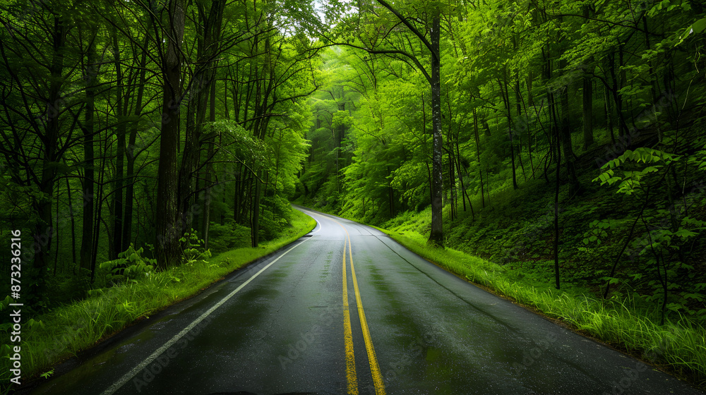 Fototapeta premium camino carretera en el bosque con pinos rodeando el camino arboles verdes y grandes frondosos en la autopista hermoso paisaje de carretera