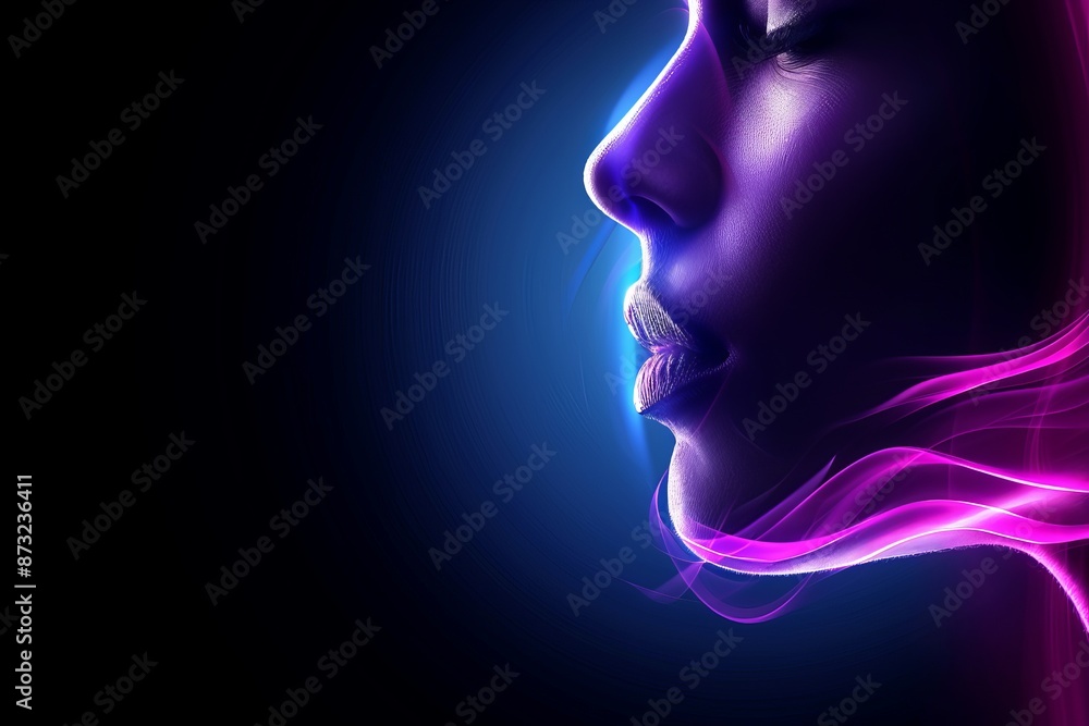 Side profile of a woman's face with pink neon light effects, against a dark background Side profile of a woman's face with pink neon light effects, against a dark background