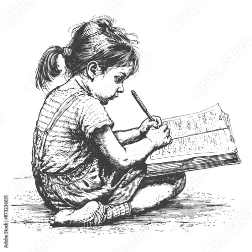 Little girl writing in a book, sketch illustration of childhood learning
