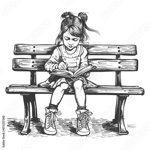 Young girl engrossed in reading a book while sitting on a park bench