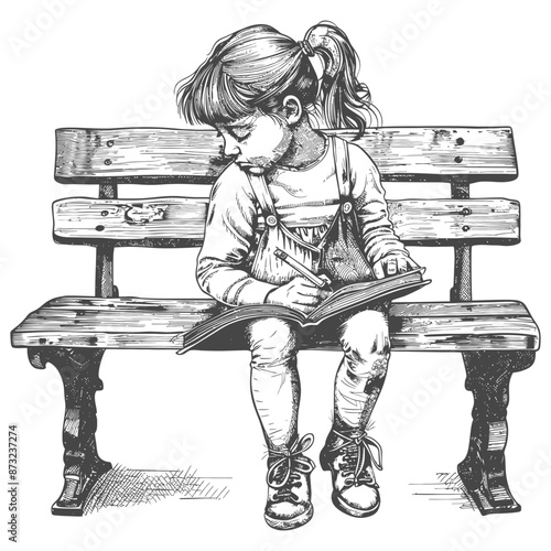 Pensive young girl sitting on a bench writing in her diary