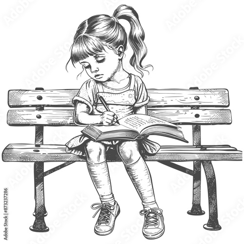 Thoughtful young girl writing in her diary on a park bench