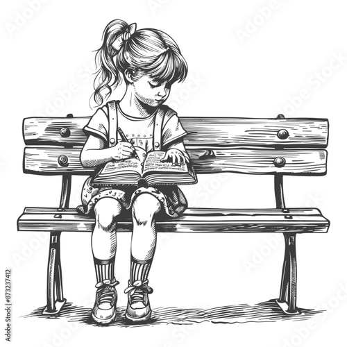 Young girl sitting on a bench writing in her diary