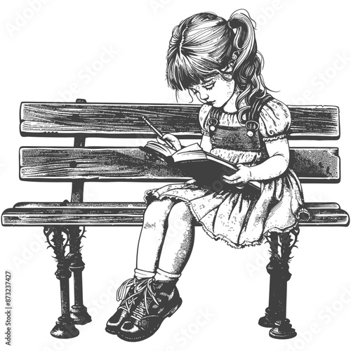 Young girl sitting on a bench engrossed in reading and writing in her notebook