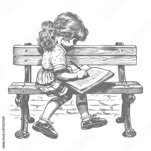 Young girl sitting on a bench engrossed in reading a book
