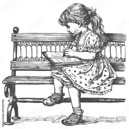 Little Girl Sitting on Bench Writing in Her Diary