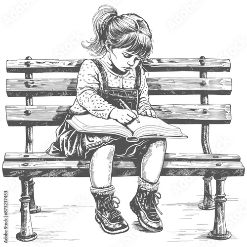 Young girl sitting on a park bench engrossed in writing in her diary