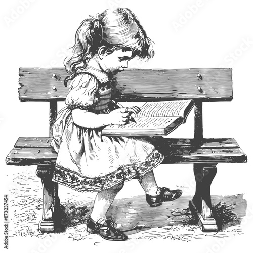 Young girl sitting on a bench engrossed in reading a book