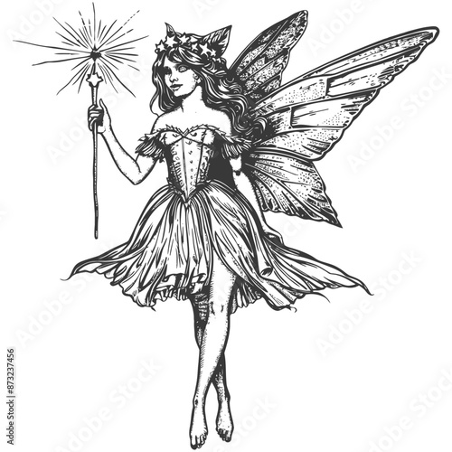 Ornate detailed vintage fairy illustration with wand