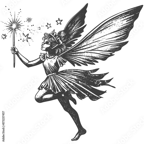 Vintage Fairy Illustration with Stars and Magic Wand