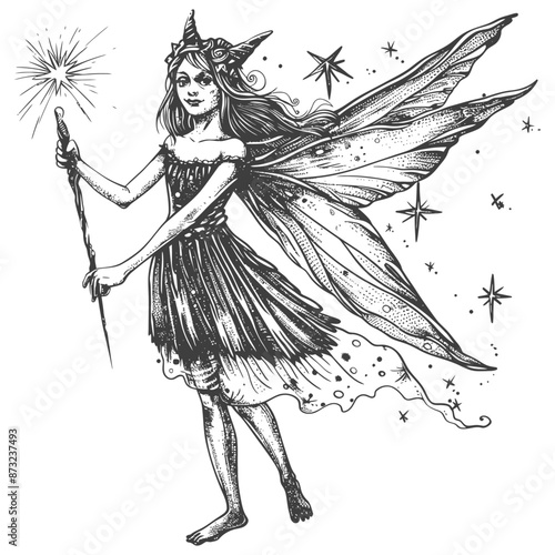 Ornate detailed black and white fairy illustration